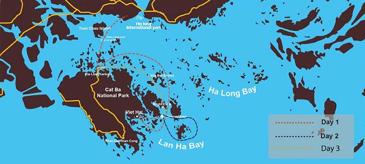 Mapa de ruta del crucero Scarlet en la Bahia de Halong