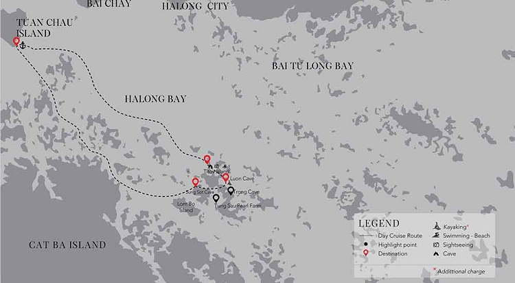 Mapa de ruta del crucero Paradise Peak en la Bahia de Halong